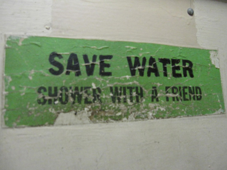 © gabriela weghofer ausgefranstes gruenes schild an einer wand mit dem text save water shower with a friend