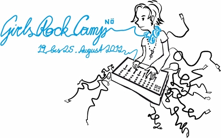 © girlsrock.at Logo Girls Rock Camp, gezeichnetes Mädchen am Mischpult