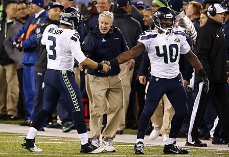 © APA/EPA/ERIK S. LESSER Pete Carroll und Russell Wilson feiern ihren Sieg