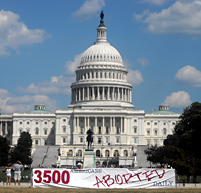 Das Capitol in Washington mit einem Transparent im Vordergrund. Die Aufschrift: 3500 americans aborted daily.