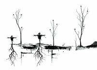 © A Murder of Scarecrows Eine schwarz/weiße Winterlandschaft mit dürren Bäumen und Vogelscheuchen.
