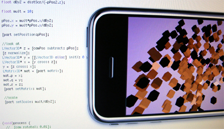 Ein Bildschirmfoto mit Programmiercode und der Abbildung eines iPhone