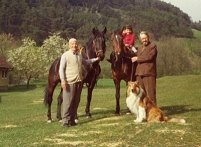 Riem Higazi, aged 3, sitting on a horse being lead by her Egyptian and her Austrian grandfathers.