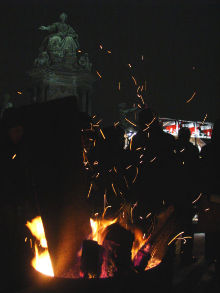 Ein Holzfeuer am Maria Theresienplatz beim antirassistischen Straßenfest.