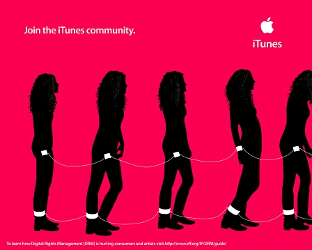 Imitat einer Apple iTunes Werbung. Frauenschatten sind mit Fußschellen aneinandergekettet