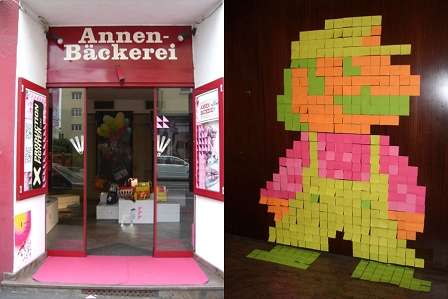 Annenbäckerei mit roser Fassade und ein Supermario aus Post-Its