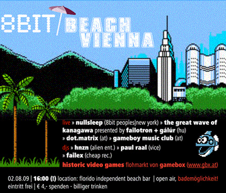 Flyer zur 8Bit Beach Party in Wien.