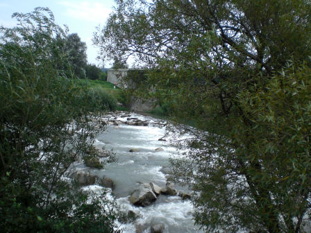 Fluss im Grünen mit großen Steinen drin.