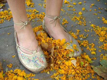 frauenbeine in goldenen schuhen mit sickereien stehen in einem orange-gelben bluehtenmeer