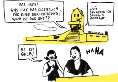 Strip 2: Der Mann von vorhin antwortet: "Das Haus! Was hat das eigentlich für eine Berechtigung? Wozu ist das gut??". Der Kellner seufzt:"Das werde ich dauernd gefragt." 