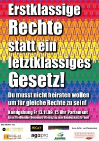 Plakat der Demonstration "Erstklassige Rechte statt letztklassiges Gesetz"