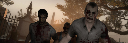 Screenshot aus dem Computerspiel "Left 4 Dead" - zwei Zombies in Großaufnahme vor einem Friedhof.