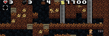 Screenshot aus dem Computerspiel "Spelunky" - ein aus Quadraten zusammengesetztes Labyrinth aus Felsen, Geröll und Leitern.