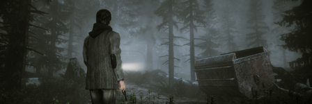 Screenshot aus dem Videospiel "Alan Wake": Alan Wake mit dem Rücken zur Kamera steht verloren in einem Wald.