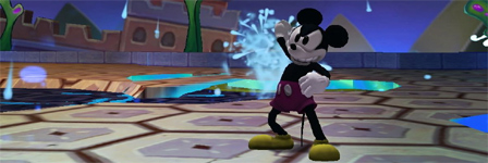 Screenshot aus dem Videospiel "Epic Mickey": Micky Maus steht mit verärgerter Mine und geballter Faust auf einer bunten Plattform.