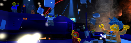 Screenshot aus dem Online-Spiel "Lego Universe": Lego-Figuren bauen nachts ein nicht eindeutig identifizierbares Gebäude.