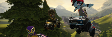 Screenshot aus dem Videospiel "ModNation Racers": Kleine bunte Karts mit puppenartigen Figuren springen durch die Landschaft.