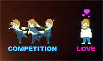 Eine Pixelgrafik, die die Unterschiede von kommerzieller Computerspieleentwicklung und Indie Games aufzeigt. Darunter stehen die Worte "Competition" und "Love".