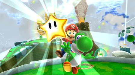 Ein Bildschirmfoto aus dem Videospiel "Super Mario Galaxy 2": Mario und Yoshi finden einen goldenen Stern.