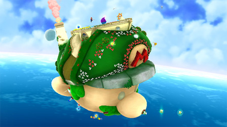 Ein Bildschirmfoto aus dem Videospiel "Super Mario Galaxy 2": Ein Raumschiff, das aussieht wie der Kopf von Super Mario.