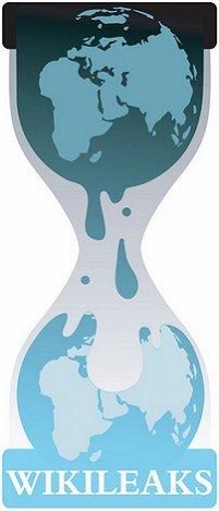 wikileaks logo, ein stundenglas eua dem eine weltkugel in eine andere tropft