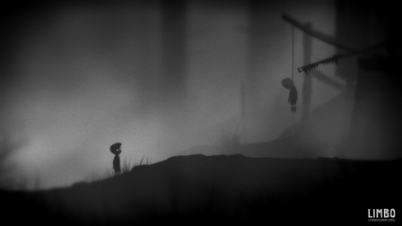 Bildschirmfoto aus dem Videospiel "LIMBO": Der Bub entdeckt einen toten Menschen, der am Strick hängt.