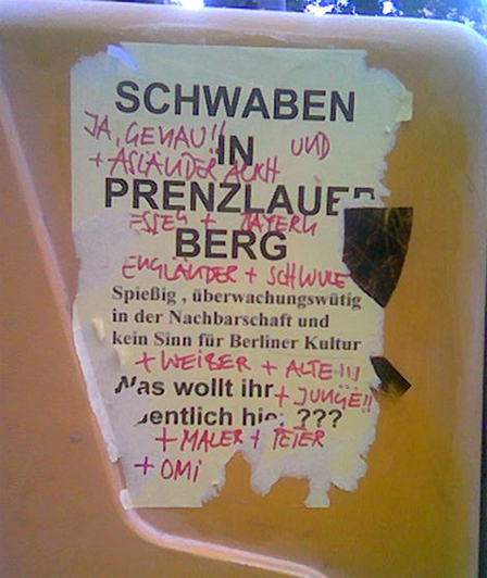 Plakat mit schwabenfeindlichem Text und ironischer Übermalung