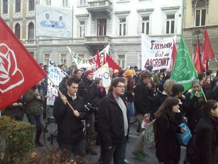 Protestierende Studierende am Grazer Glacis mit Plakaten wie "Zu heiß gebadet in Loipersdorf?"