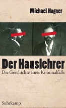 cover des buches der hauslehrer: ein mann mit schwarzen bart, vermutlich dippold, einmal von vorne und einmal von der seite fotografiert, die augen durch einen roten balken verdeckt.