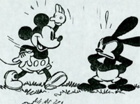 Ein fröhlicher Mickey Mouse trifft einen mürrischen Oswald, den Hasen.