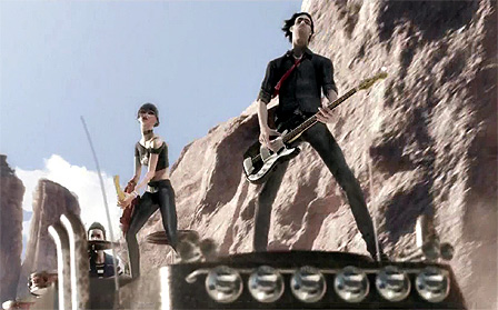 Introsequenz des Videospiels "Rock Band": Eine Gitarristin und ein Gitarrist stehen auf einem Truck der durch die sonnige Landschaft fährt.