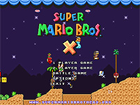 Der Titelbildschirm zu "Super Mario Bros. X". Figuren aus dem "Mushroom Kingdom" laufen und springen in einer nächtlichen Computerspielelandschaft umher.