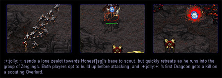 Drei kleine Bildausschnitte aus einem "StarCraft"-Match aus dem Jahr 1999, darunter ein erklärender Text.