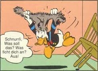 Donald kämpft mit der Katze: "Schnurrli, was ficht dich an?"