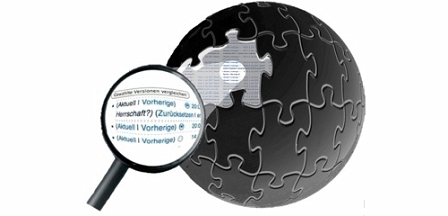 Logo von Wikiwatch: eine Lupe vor einem Ball mit Puzzleteil-Oberfläche