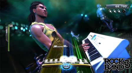 Ein Bildschirmfoto aus "Rock Band 3", auf dem ein Avatar Keyboard spielt.