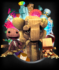 Ein Imagefoto von "LittleBigPlanet 2" mit diversen Figuren und Gegenständen, die in Form eines Kreises nebeneinander angeordnet sind.