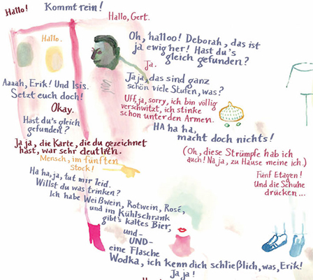 aquarell - sprachfetzen einer begruessung von mehreren menschen