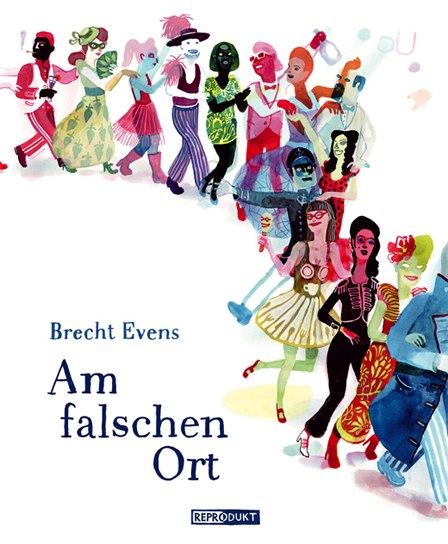 aquarellzeichnung - buchcover polonaise von maskierten menschen und text brecht evens am falschen ort