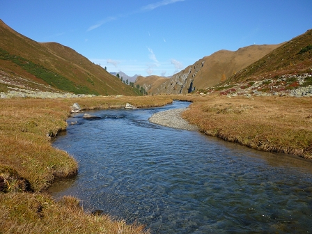 Flusslandschaft mit Bergen im Hintergrund