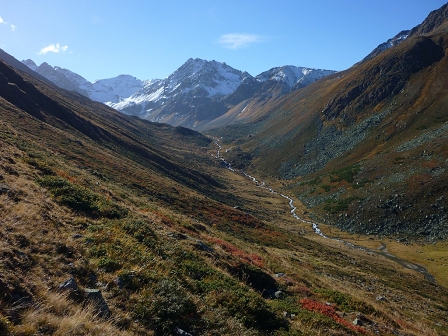 Ein wunderschönes Bergtal, in der Mitte ein schmaler Bach und im Hintergrund ein Gletscher