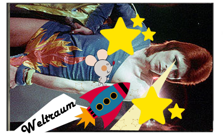 Collage aus David Bowie und gezeichneten Raketen, Cover für ein Mixtape