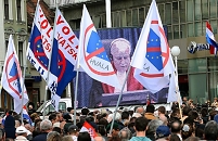  A large crowd gathers in Zagreb's Ban Jelacic square to watch and hear the verdicts by judges in The Hague  against the Croatian Generals Ante Gotovina, Ivan Cermak and Mladen Markac 15 April 2011