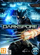 Das Cover zum Computerspiel "Darkspore": ein dunkles Monster mit leuchtenden Augen und einer Klaue in Form einer Scherenhand.