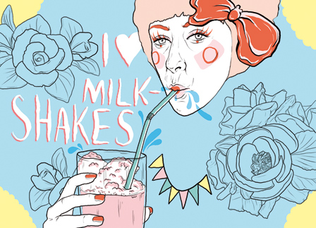 illustration frau trinkt aus einem glas mit einem strohhalm ein rosa getraenk, daneben steht i love milk-shakes