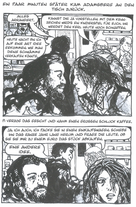 comic dialog in einem cafe mit paar im vordergrund