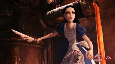 Ein Bildschirmfoto aus dem Computerspiel "Alice: Madness Returns": Alice von vorne, lauernd, mit dem Messer in der rechten Hand.