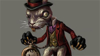 Ein Concept-Art-Bild zum Computerspiel "Alice: Madness Returns": ein antropomorpher Hase mit Hute, grimmigem Blick und Taschenuhr in der rechten Pfote.