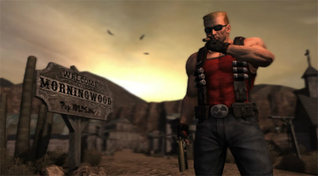 Ein Bildschirmfoto aus dem Computerspiel "Duke Nukem Forever": Der Duke steht in der Wüste und raucht eine Zigarre, daneben ein Holzschild mit der Aufschrift "Welcome to Morningwood".