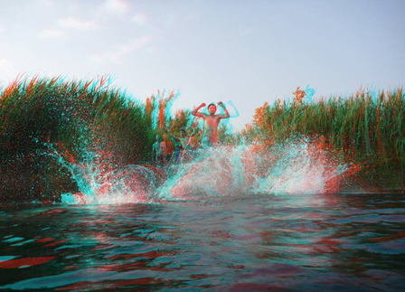 3d foto bon leuten, die an einem badeteich ins wasser springen